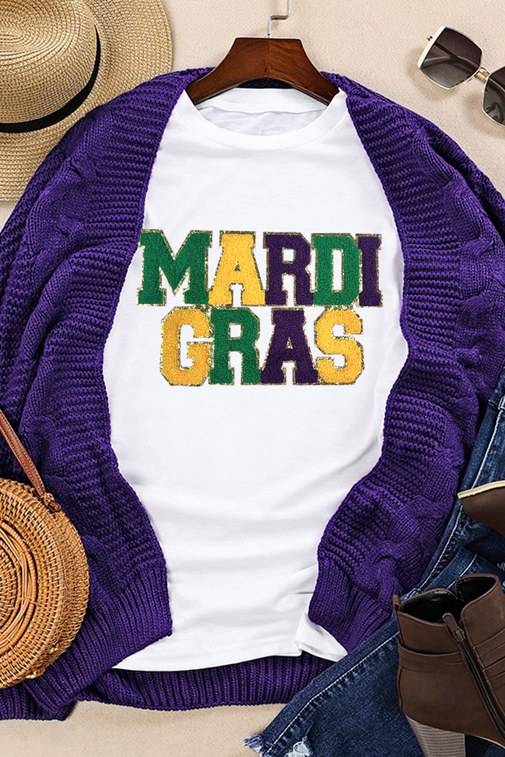 White Chenille MARDI GRAS Patched Graphic T Shirt