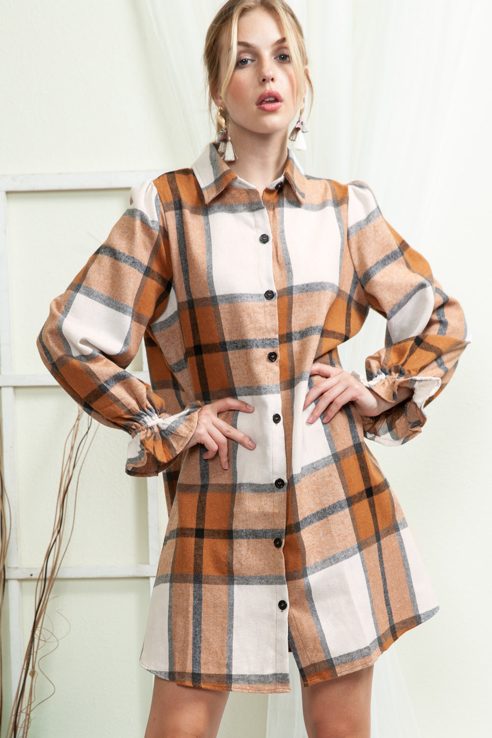 Brown Plaid Collared Ruffle Sleeve Button Up Shirt Dress