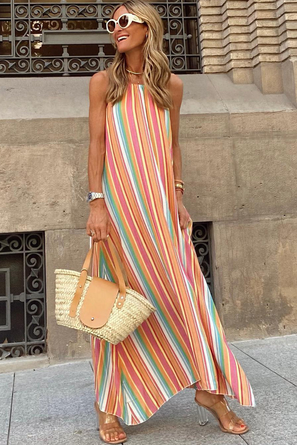 Bohemian Striped Print Colorblock Sleeveless Maxi Dress