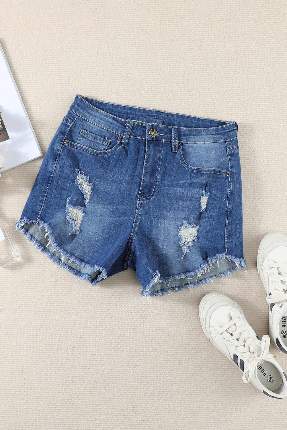 Dark Blue Casual Frayed Hem Denim Shorts