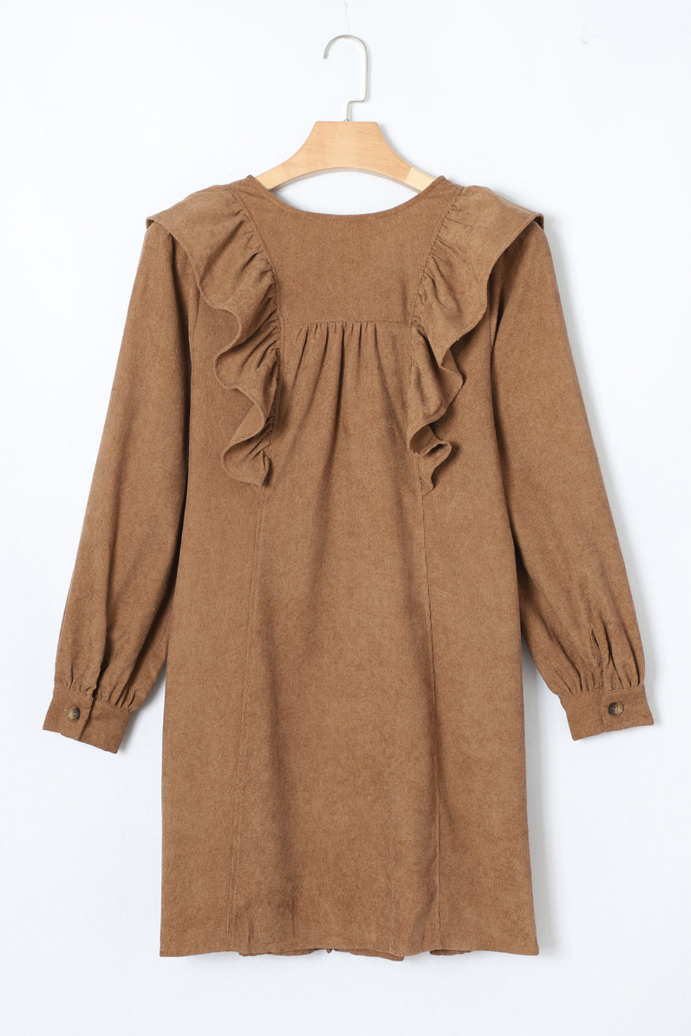 Camel Ruffle Trim Puff Sleeve Ribbed Shirt Dress