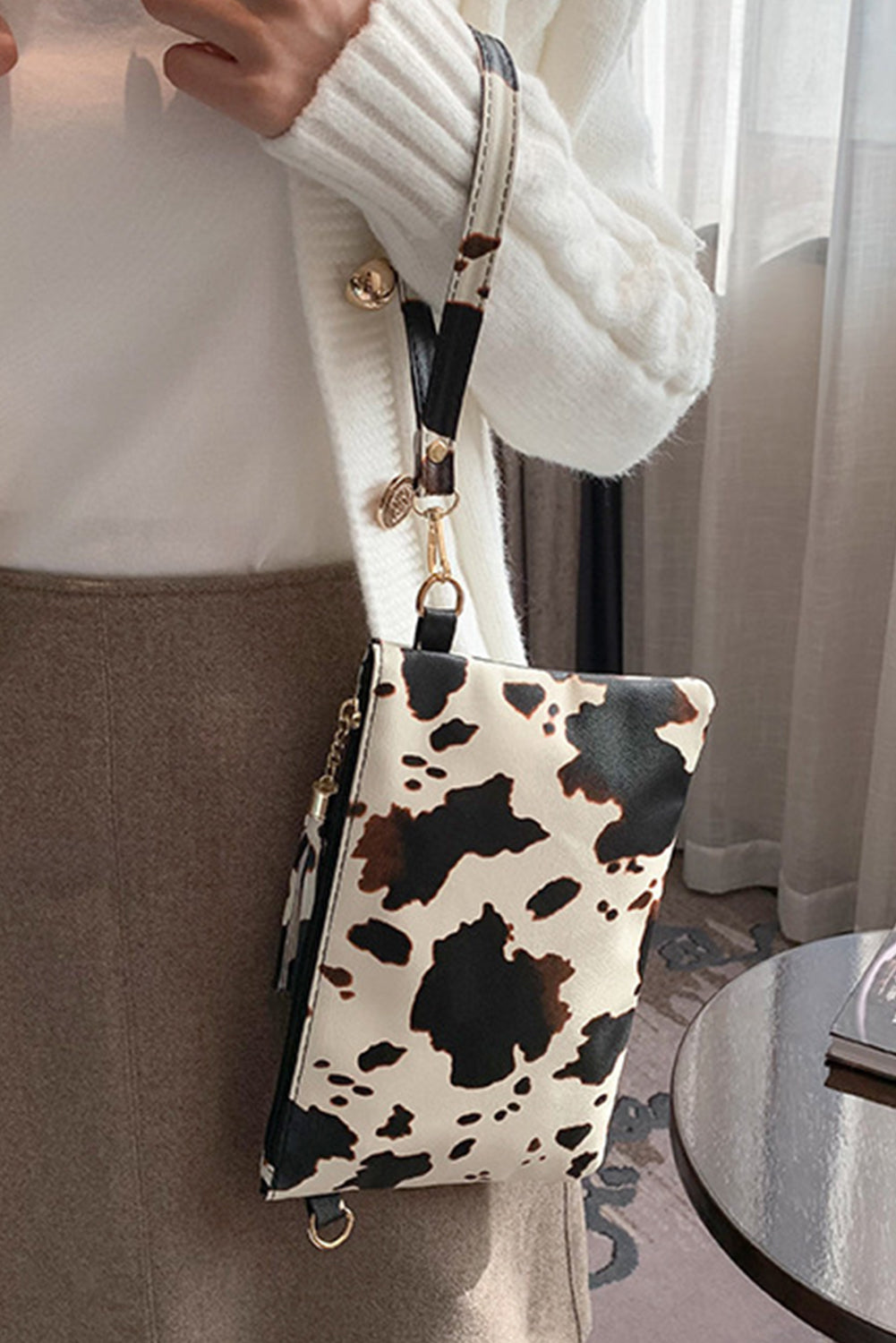 White Leopard Print Wrist Strap Zipped Wallet