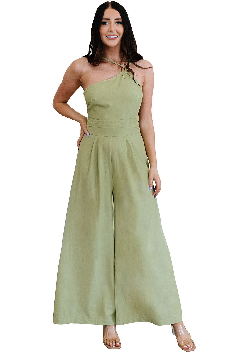 Green Casual Asymmetric Thin Straps Wide Leg Jumpsuit