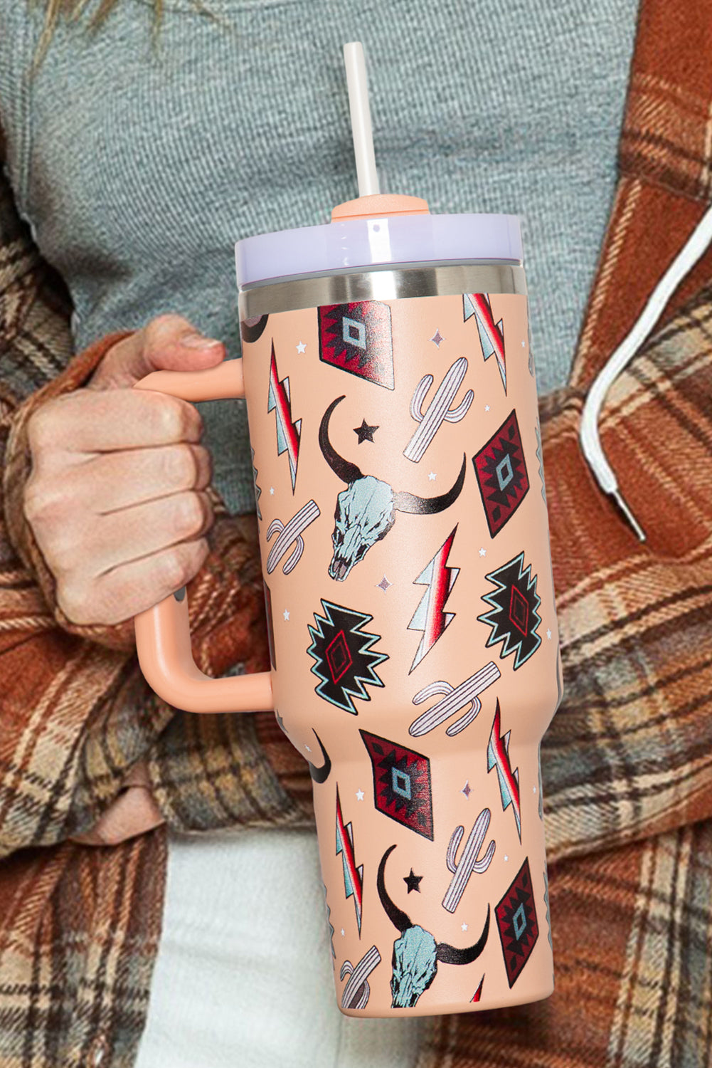 Apricot Pink Mixed Print Steer Head Stainless Tumbler