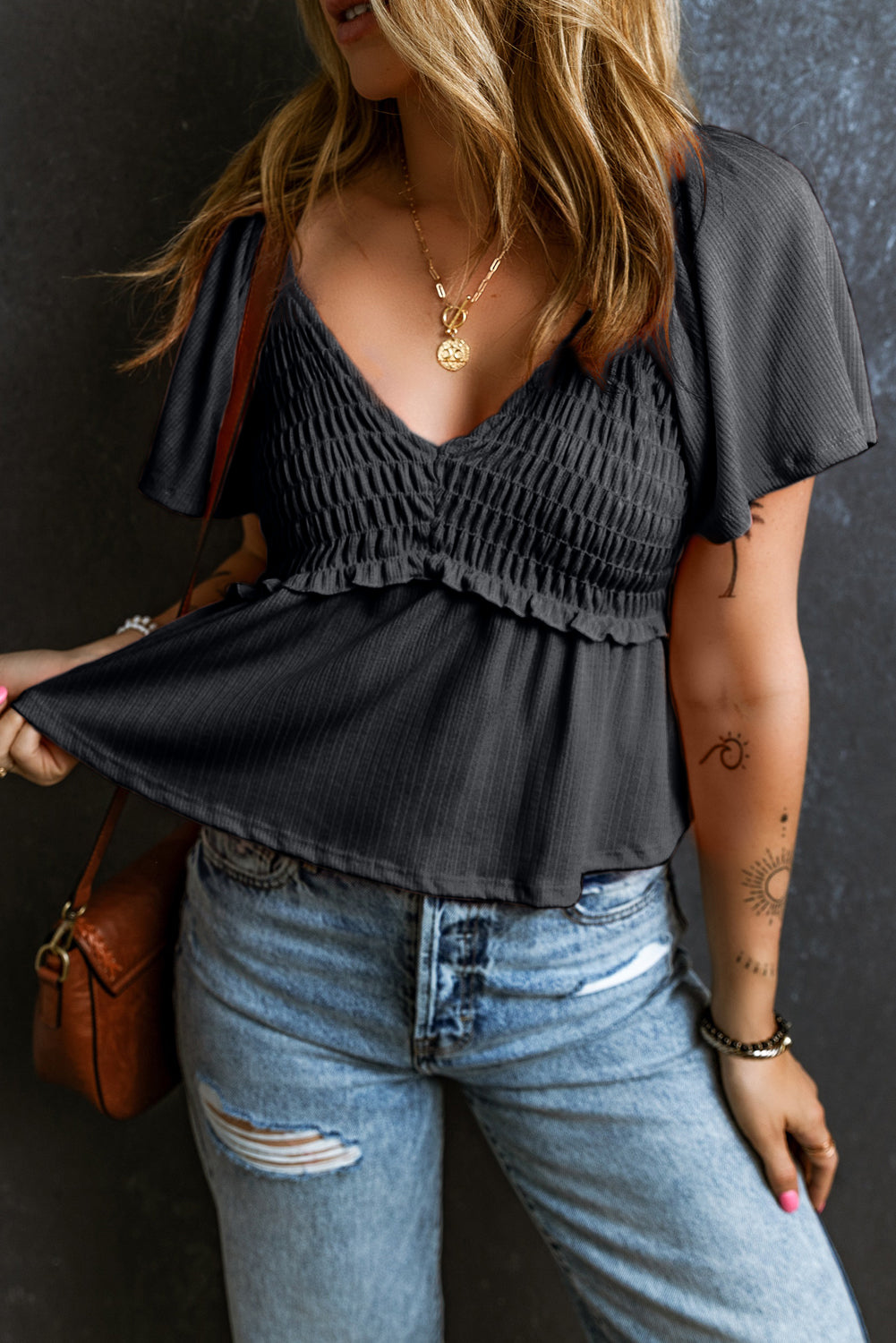 Black Shirred V Neck Short Flutter Sleeve Textured Blouse