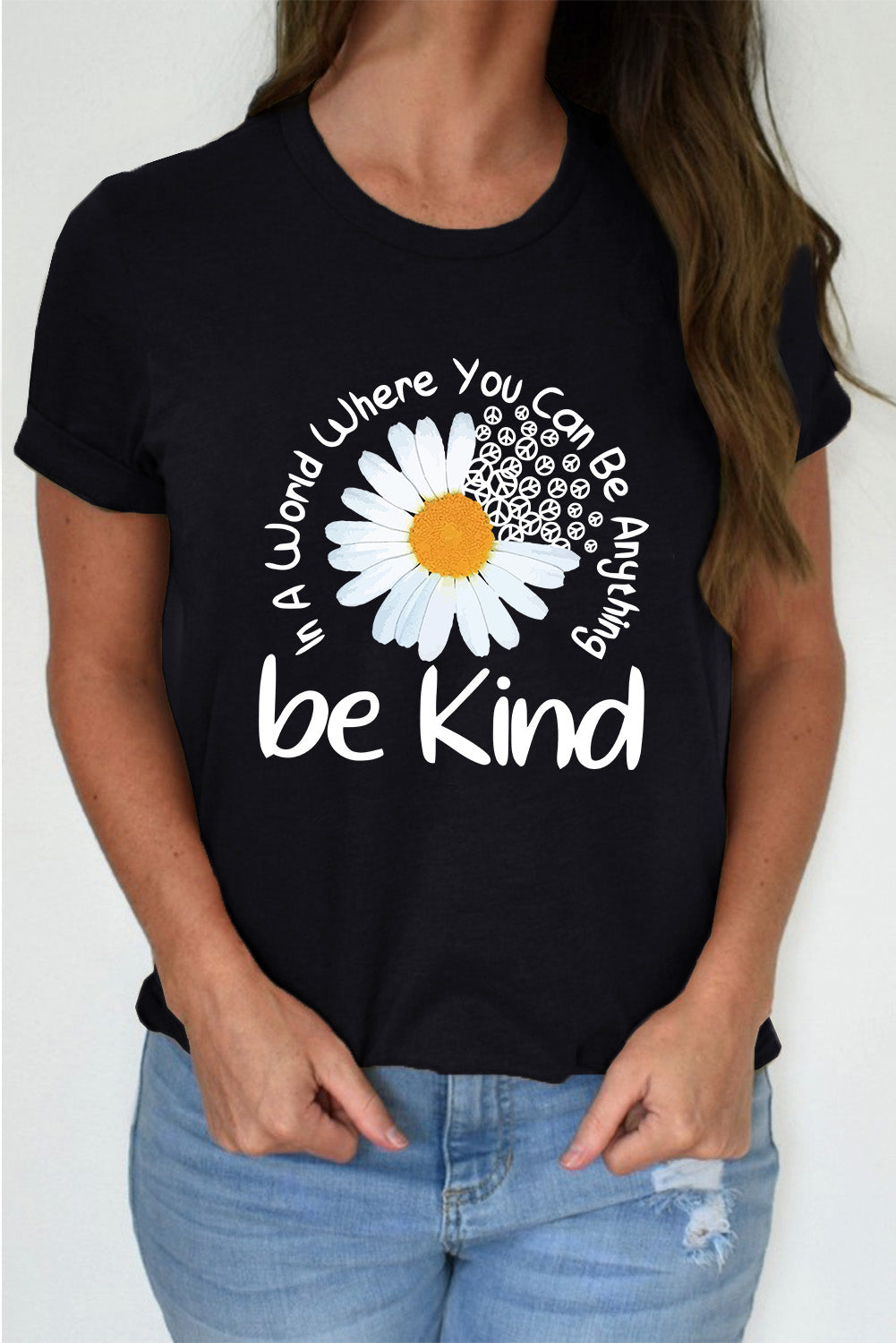 Black Casual be Kind Daisy Slogan Graphic Crewneck Tee