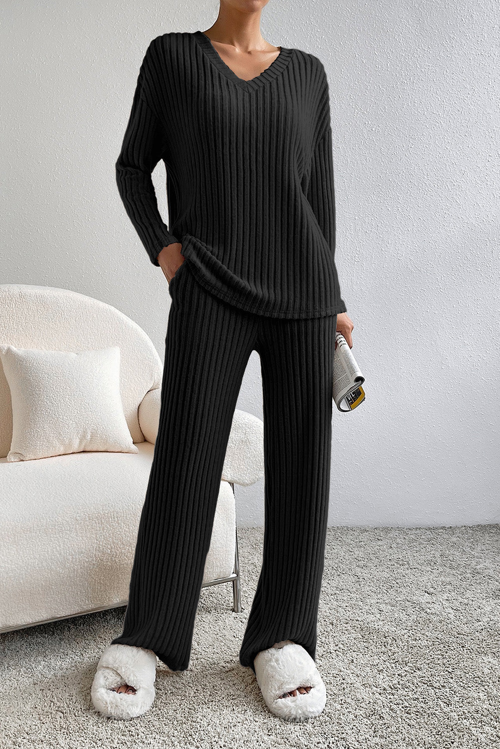 Black Slouchy Ribbed Knit V Neck Top & Pants Loungewear Set