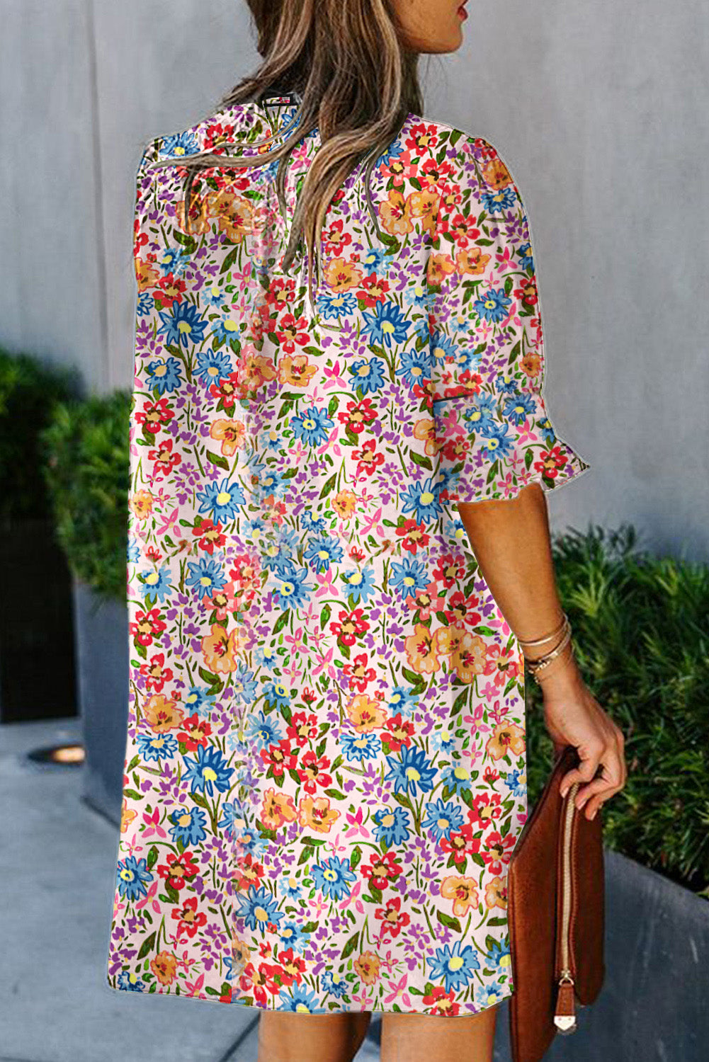 Multicolor Floral Print Split V Neck Half Sleeve Casual Tunic Dress