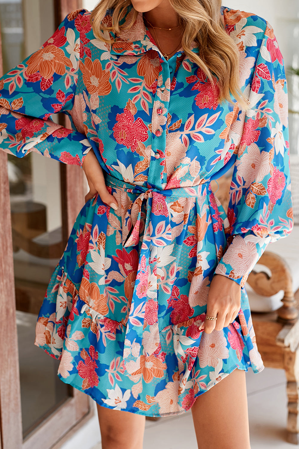 Dark Blue Boho Floral Print Lantern Sleeve Belted Mini Dress