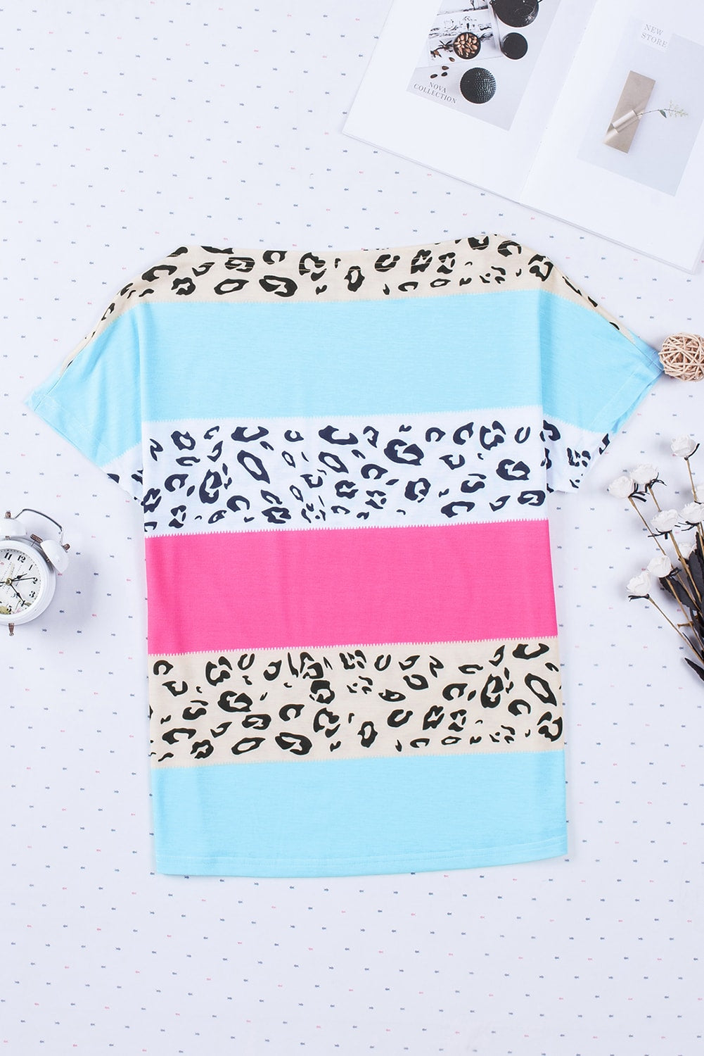 Leopard Print and Stripes Color Block Short Sleeve Boat Neck Top