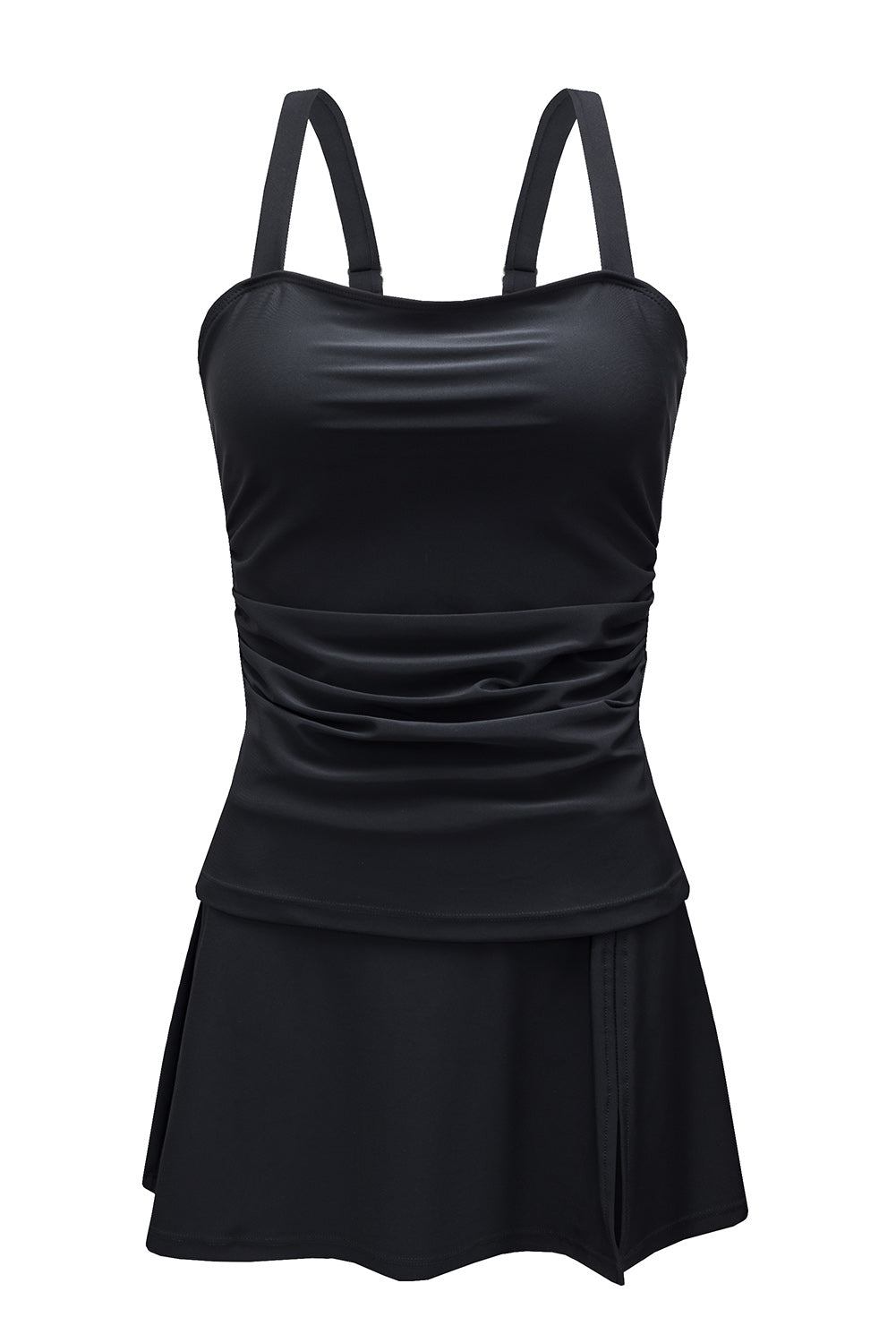 Black Ruched Square Neck Adjustable Strap Tankini Swimsuit