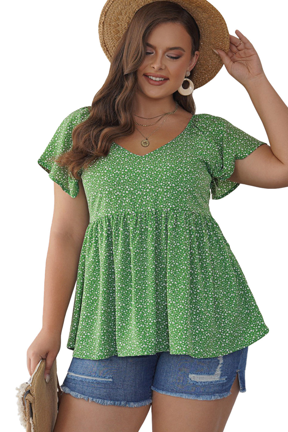 Green Floral Print Pleated Flounce Hem Short Sleeve Plus Size Top