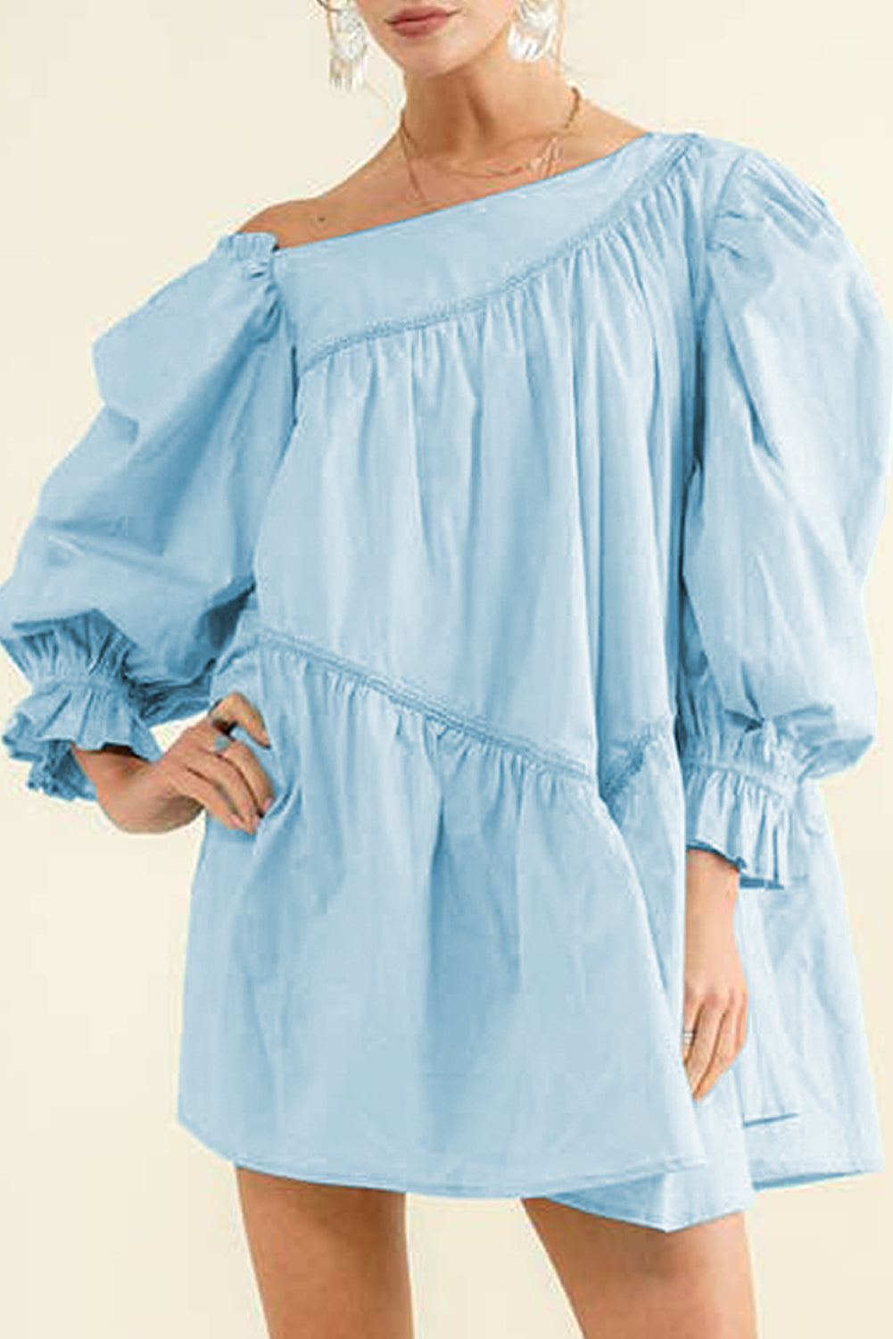 Sky Blue Puff Sleeve Asymmetric Pleated Flowy Mini Dress