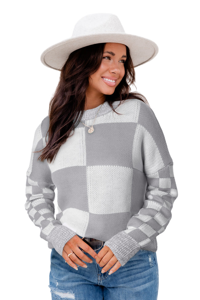 Grey Plaid Knitted Drop Shoulder Loose Fit Sweater