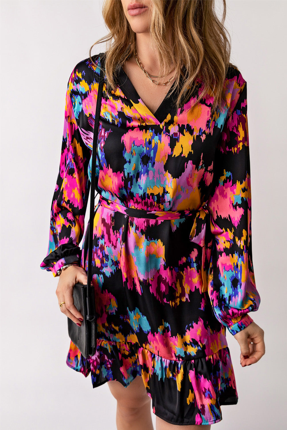 Abstract Print Waist Belted Flounce Hem Split V Neck Long Sleeve Dress