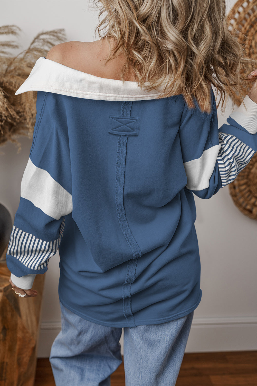 Dark Blue Striped Patchwork Collar Sweatshirt