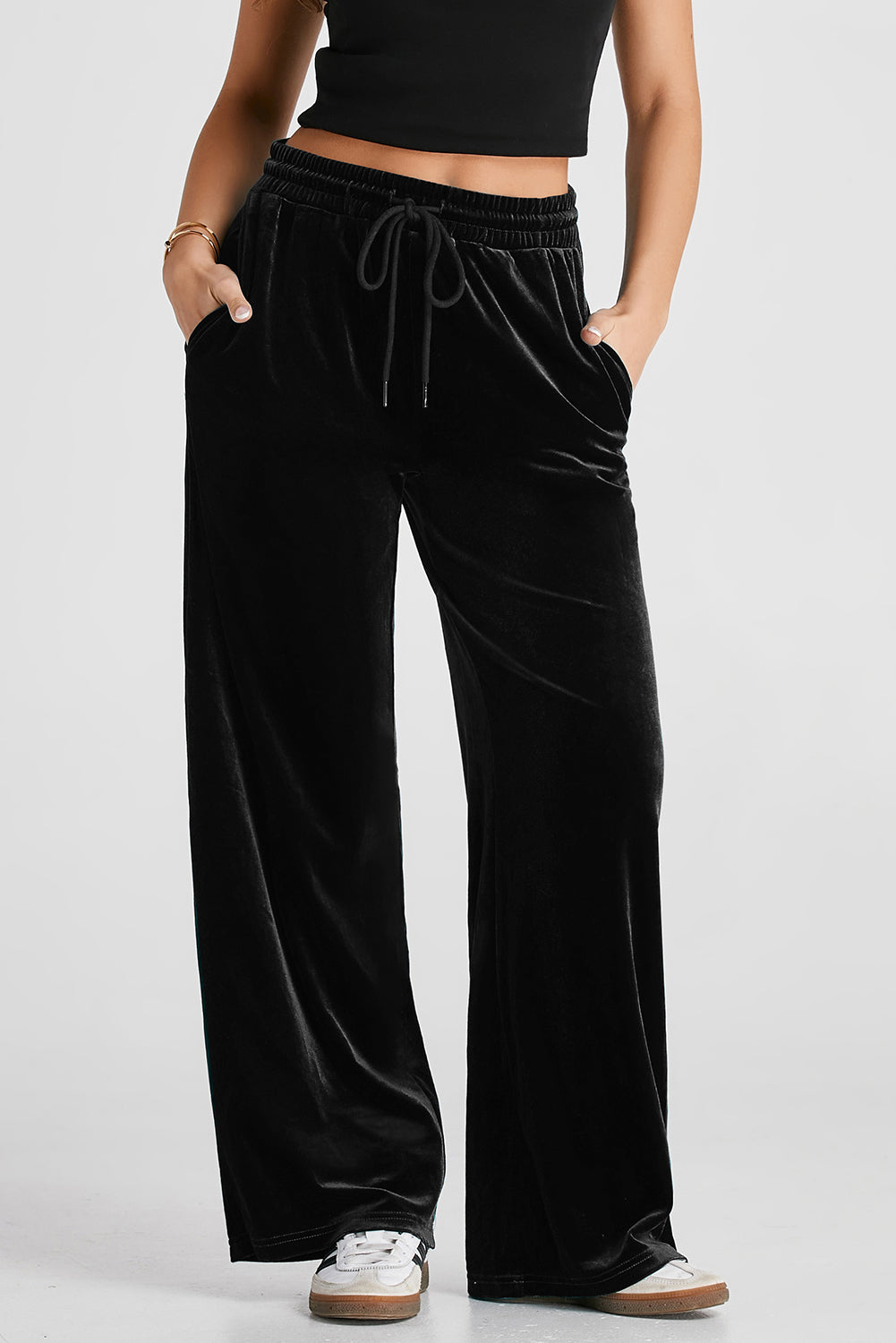 Black Solid Drawstring Waist Wide Leg Pants