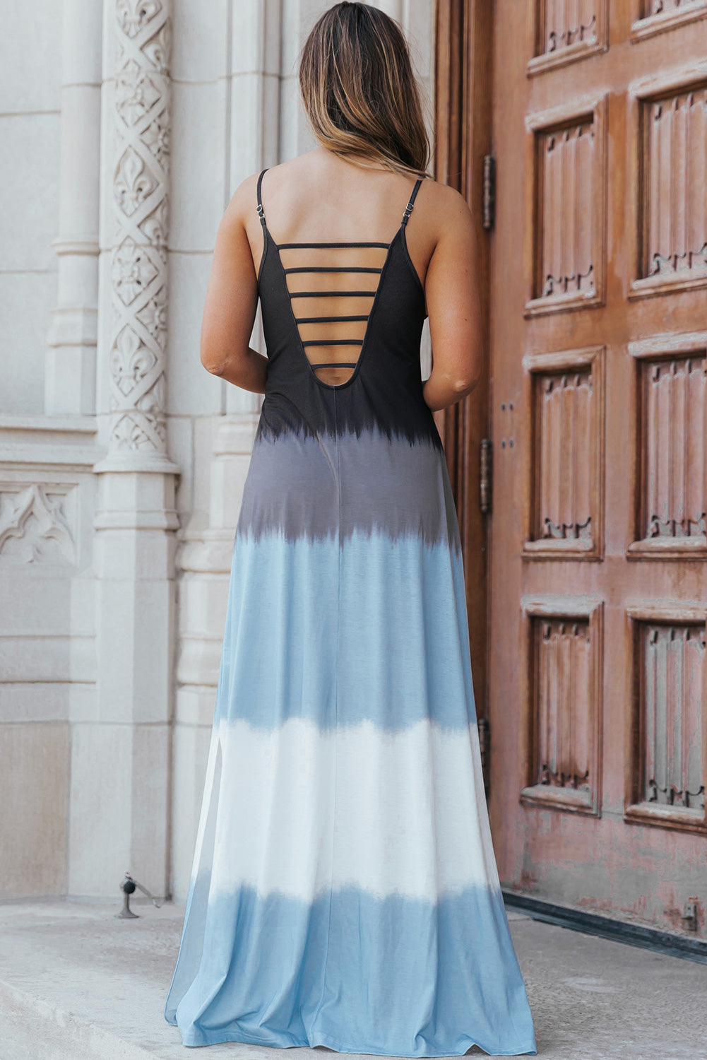 Sky Blue Tie Dye Spaghetti Strap Slit Maxi Dress