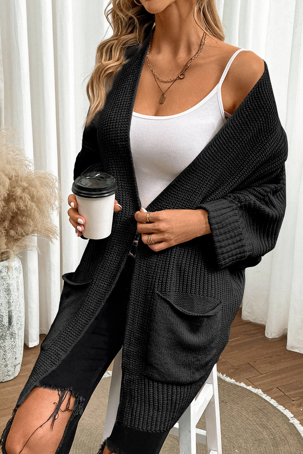 Black Batwing Sleeve Pocket Oversized Cable Knit Cardigan