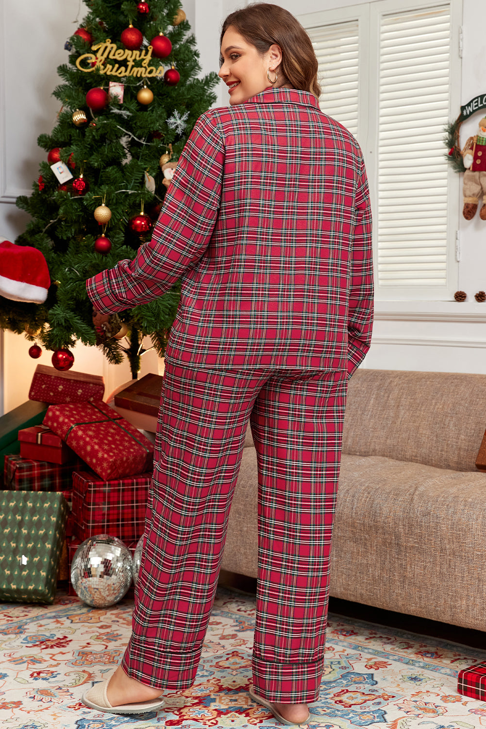 Red Plaid Print Shirt and Drawstring Pants Plus Size Pajama Set