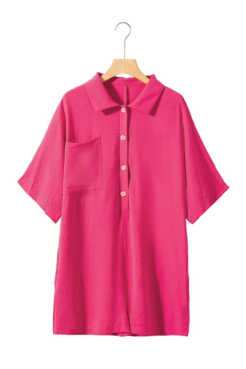 Bright Pink Plain Half Button Collared Pocket Loose Romper