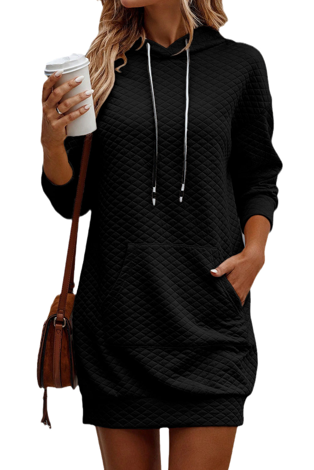 Black Drawstring Kangaroo Pocket Quilted Hooded Dress