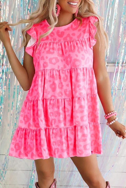 Pink Leopard Round Neck Ruffle Tiered Mini Dress