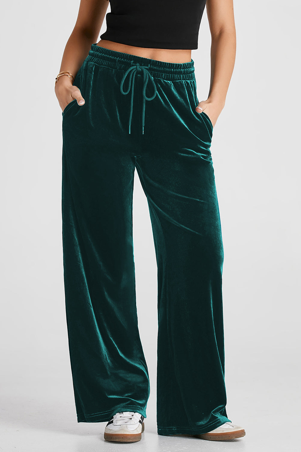 Black Solid Drawstring Waist Wide Leg Pants