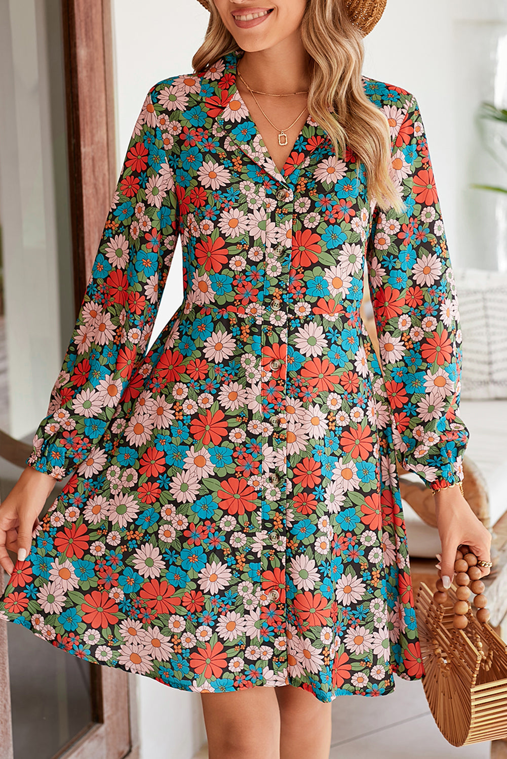 Multicolour Vibrant Floral Print Lapel Collar Button Closure Shirt Dress