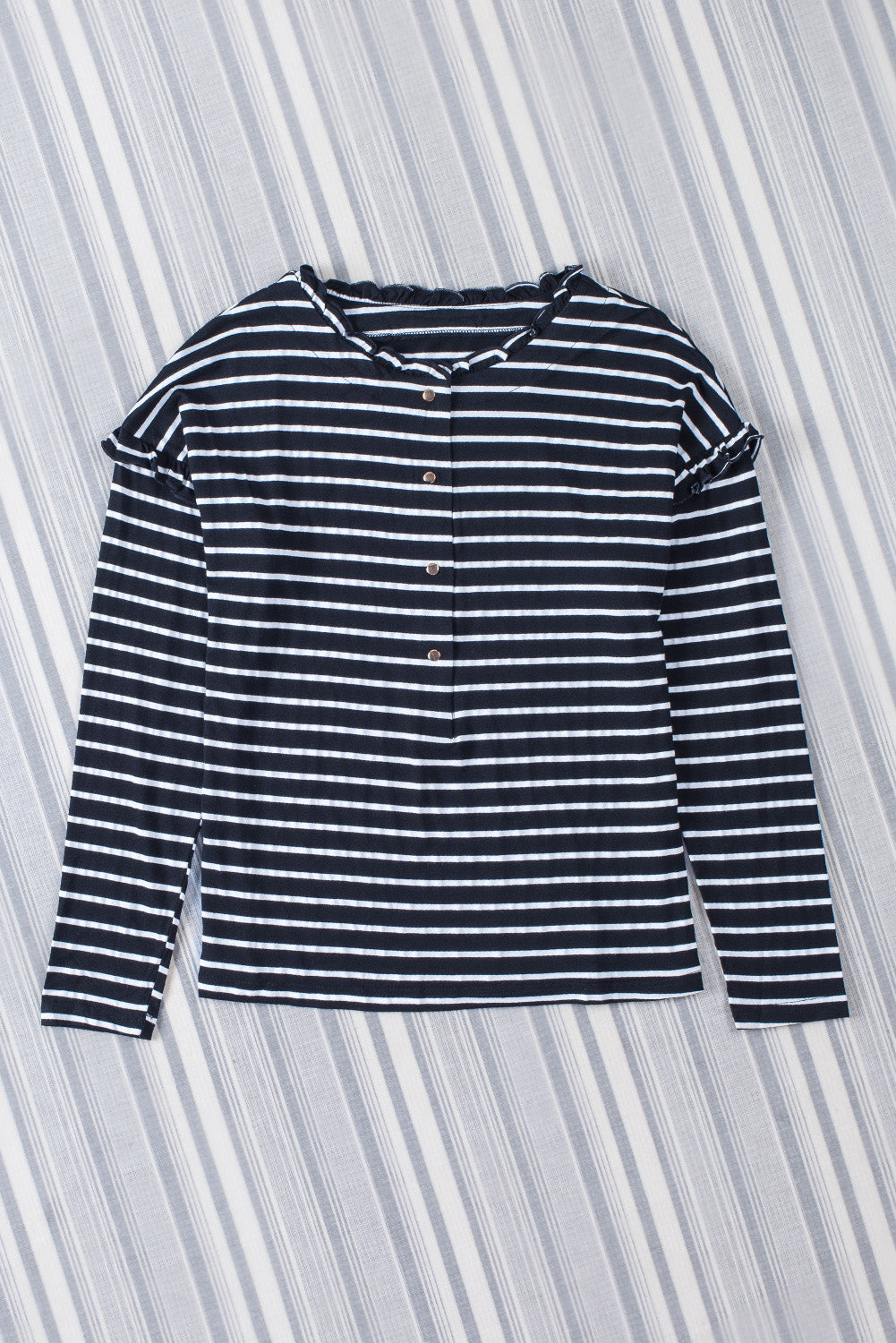 Black Striped Snap Button Casual Long Sleeve Henley Shirt