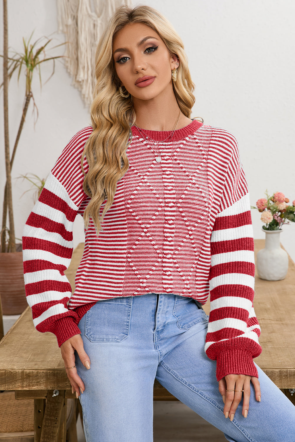 Gray Stripe Twisted Knitted Drop Shoulder Sweater