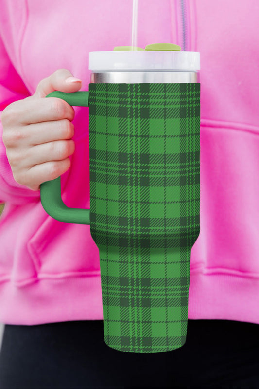 Dark Green Plaid Print Stainless Tumbler with Lid