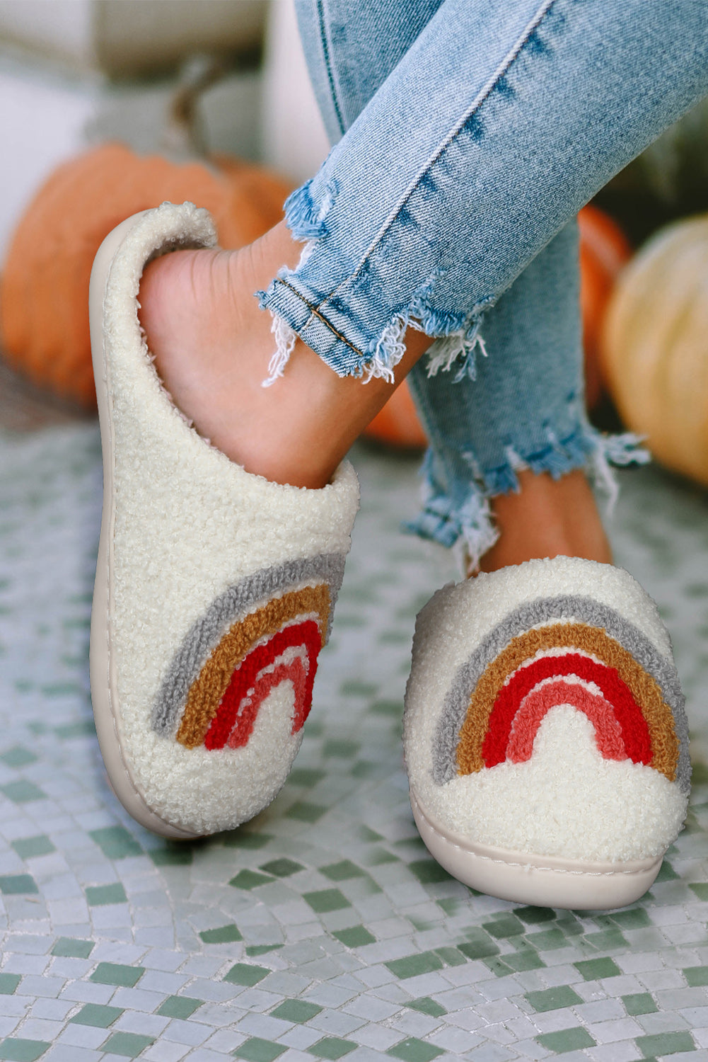 Bright White Rainbow Plush Winter Home Slippers