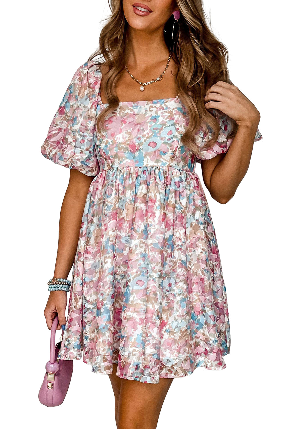 Pink Floral Lantern Sleeve Square Neck Ruffled Mini Dress