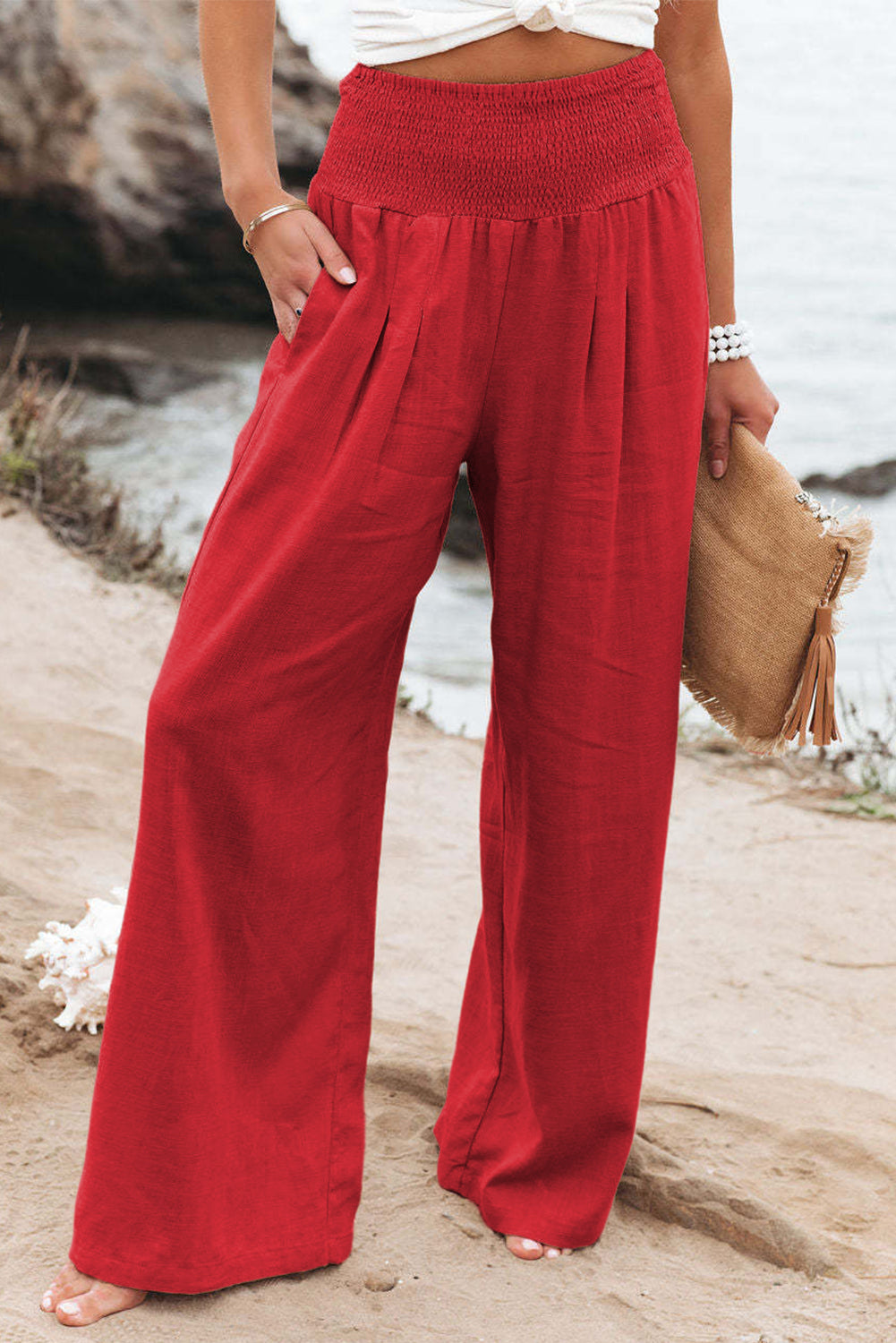 Red Smocked Wide Waistband High Waist Wide Leg Pants