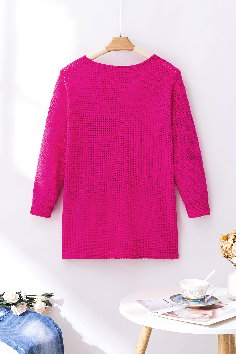 Rose Red Textured Center Seam Long Sleeve Split Top