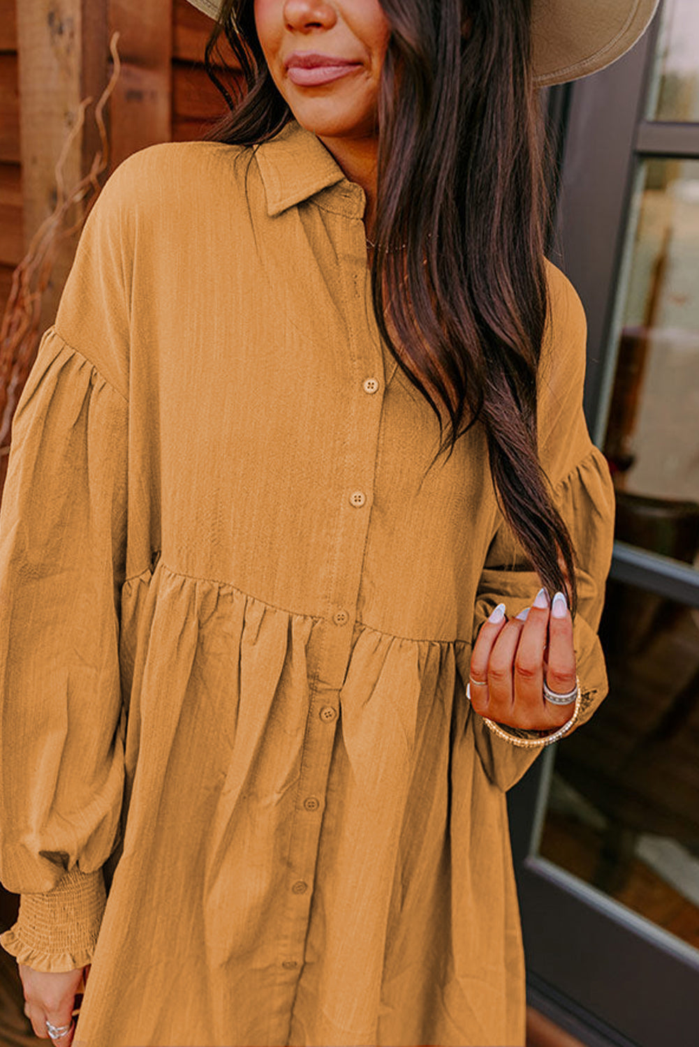 Light Beige Bishop Sleeve Smocked Cuffs Mini Shirt Dress