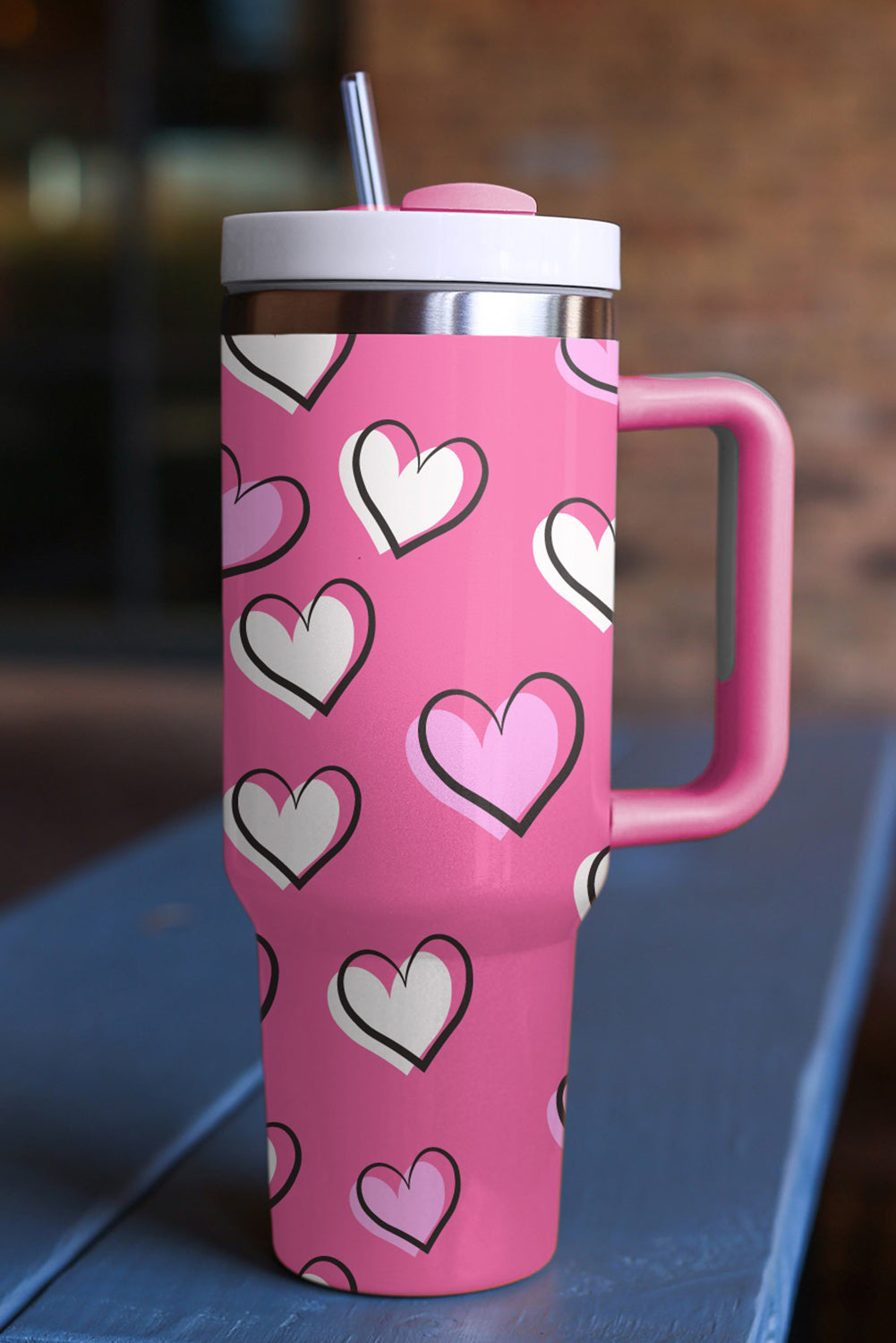 Black Valentines Heart Printed Thermos Cup with Handle