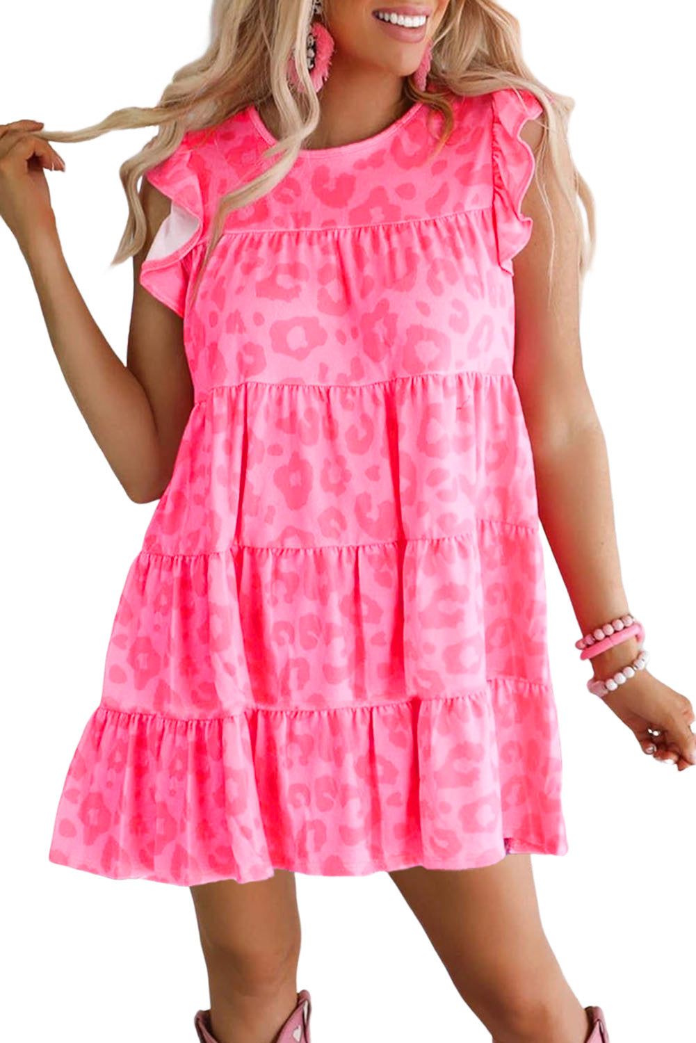 Pink Leopard Round Neck Ruffle Tiered Mini Dress