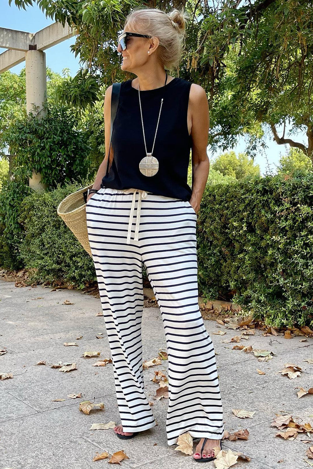 White Striped Casual Drawstring Wide Leg Pants with Pockets