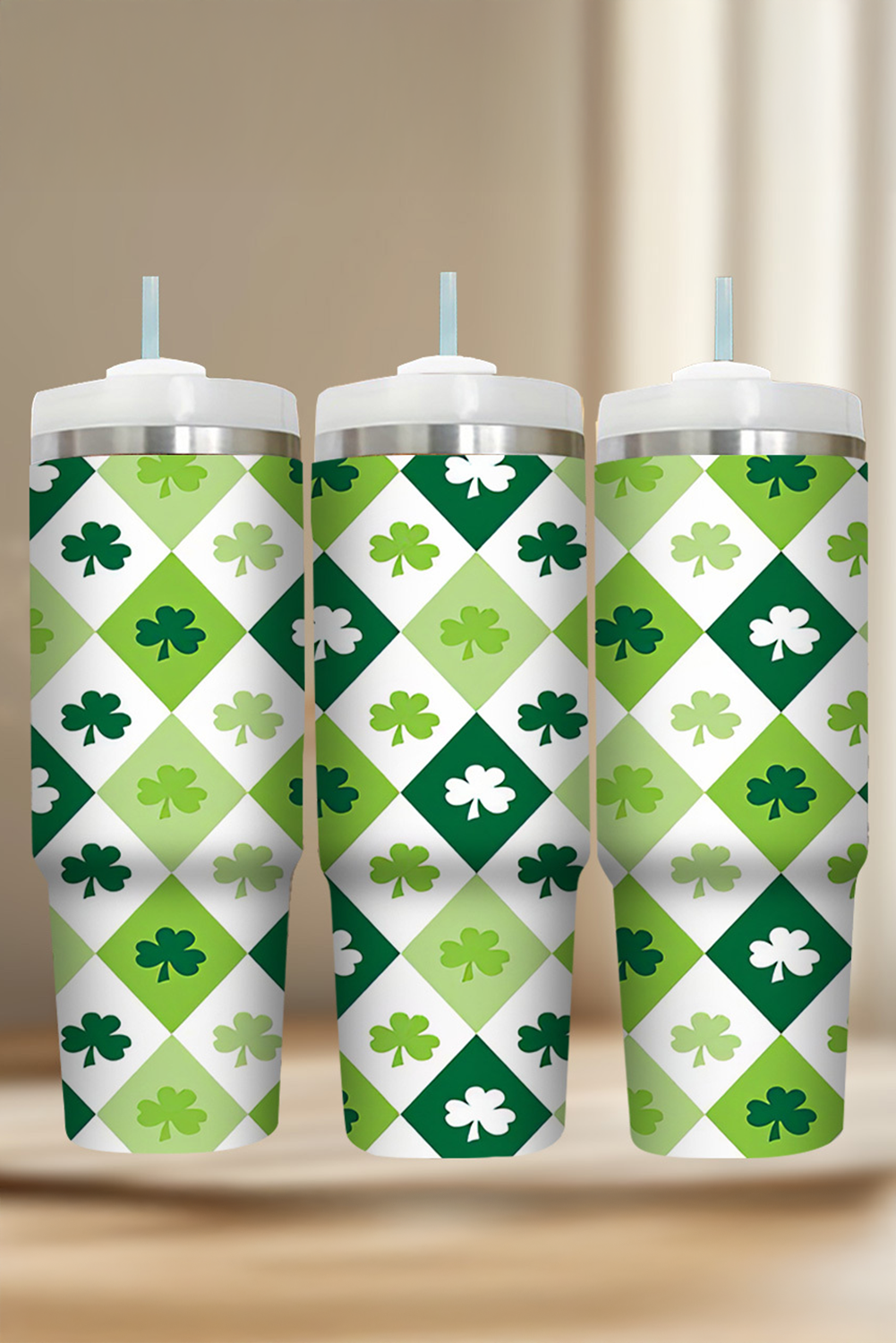 Green St Patricks Day Checkered Clover Tumbler Cup