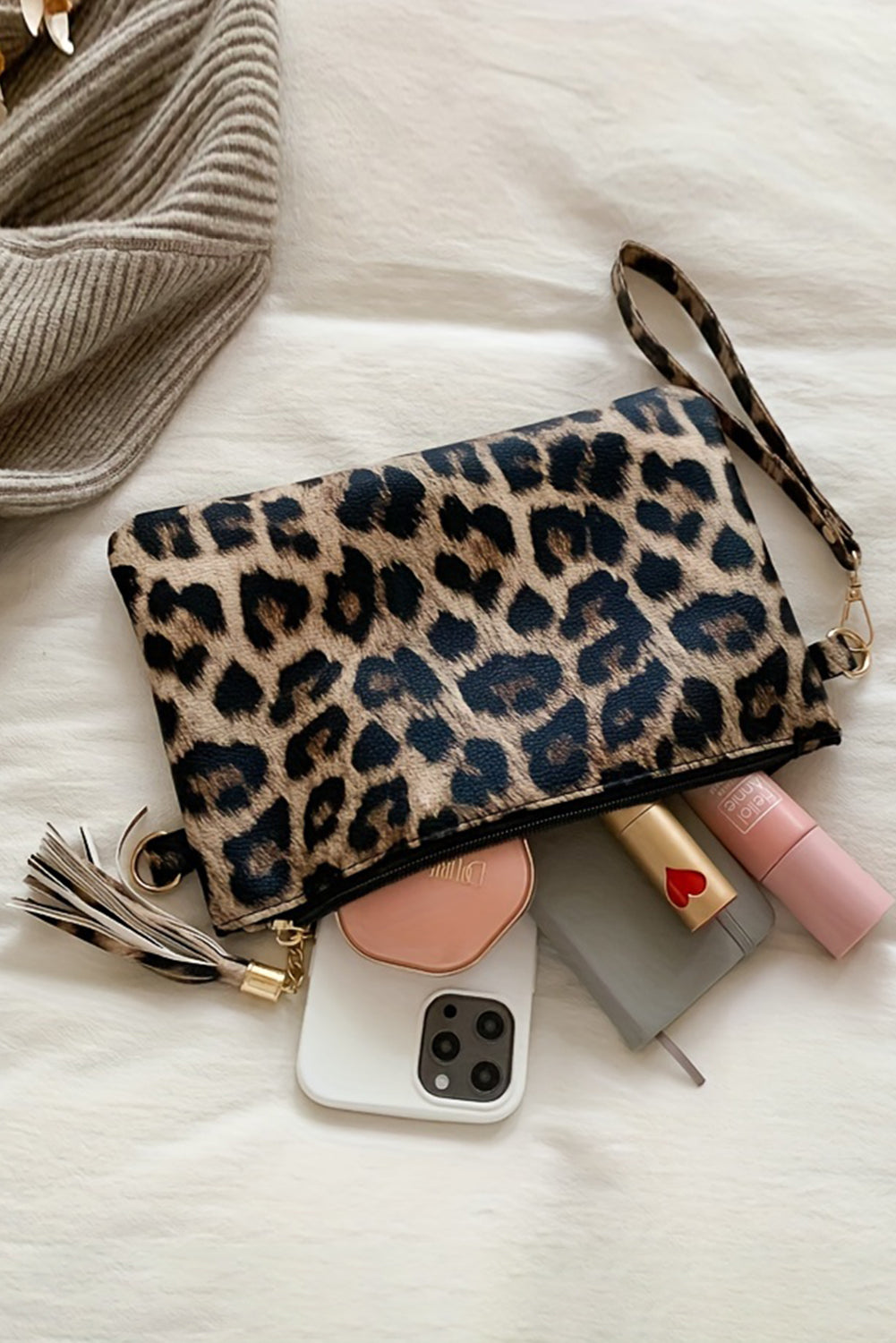 White Leopard Print Wrist Strap Zipped Wallet