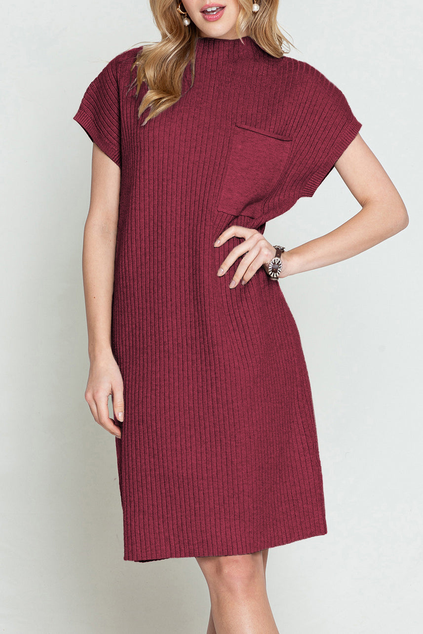 Oatmeal Patch Pocket Ribbed Knit Short Sleeve Sweater Dress