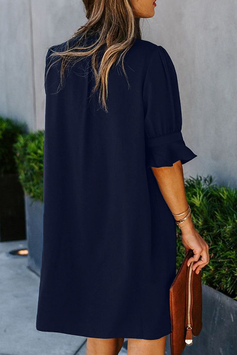 Black Split V Neck Short Sleeve Casual Tunic Dress