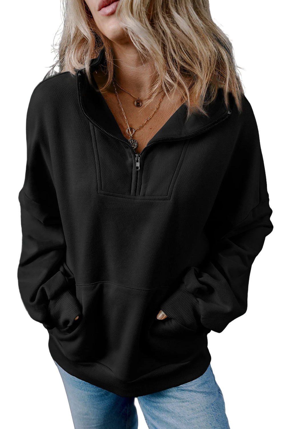 Black Zip-up Stand Neck Kangaroo Pocket Sweatshirt