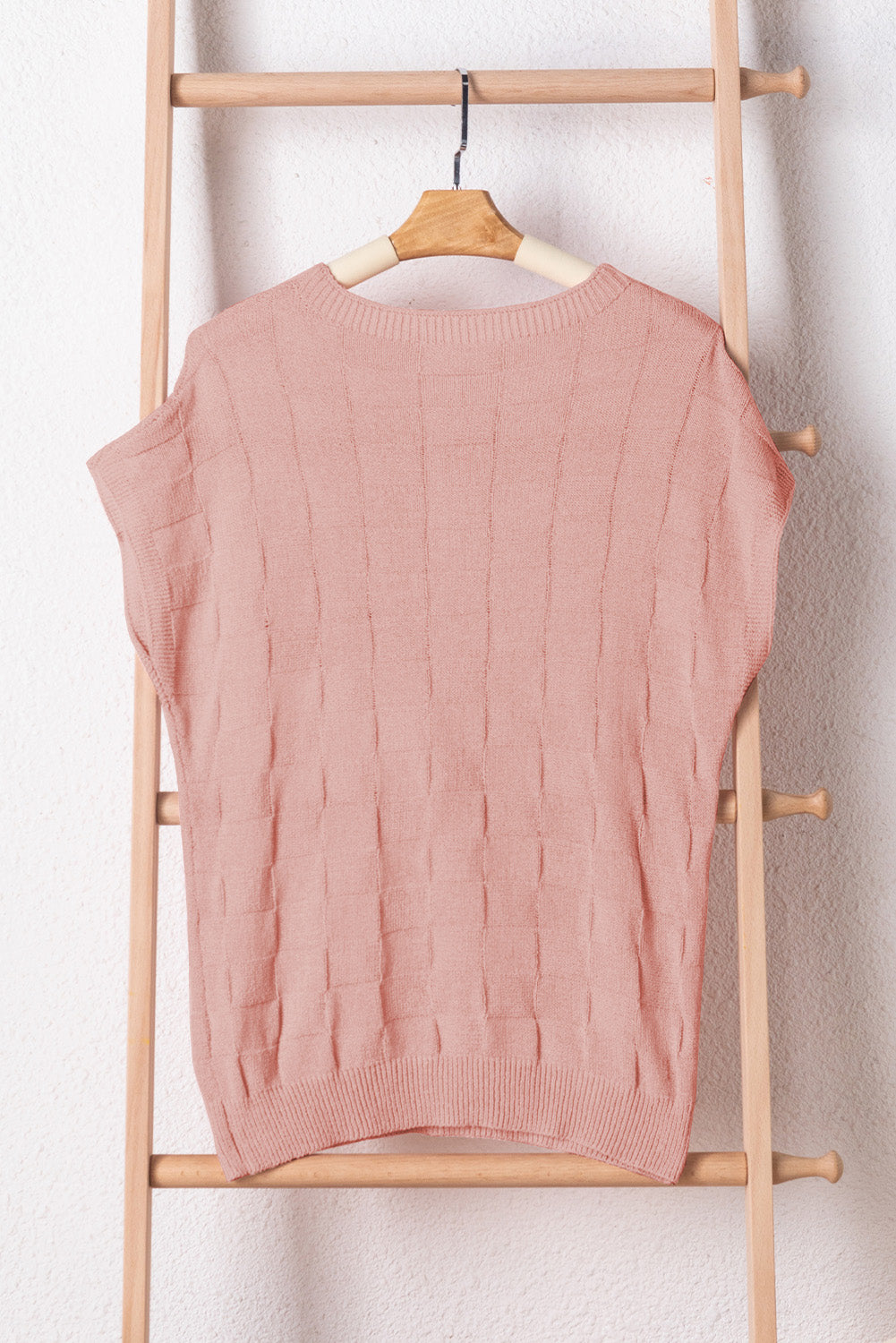 Dusty Pink Lattice Textured Knit Short Sleeve Baggy Sweater