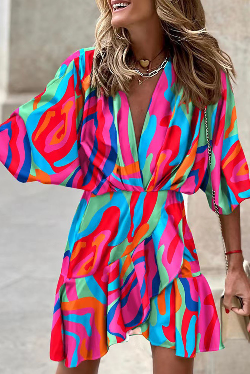 Multicolor Abstract Printed V Neck Dolman Sleeve Ruffle Wrap Dress