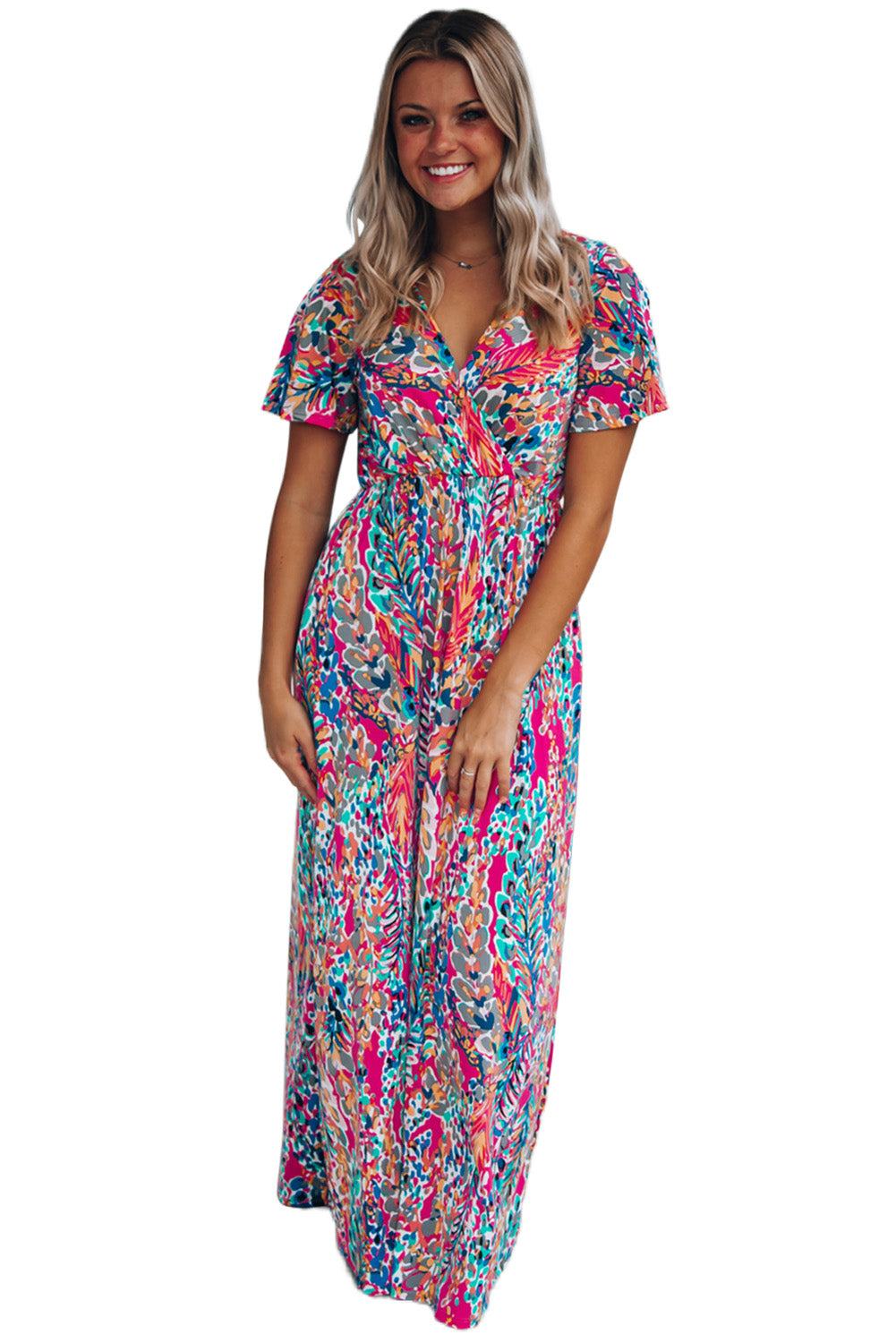 Abstract Botanic Print Wrap V Neck Short Sleeve Maxi Dress