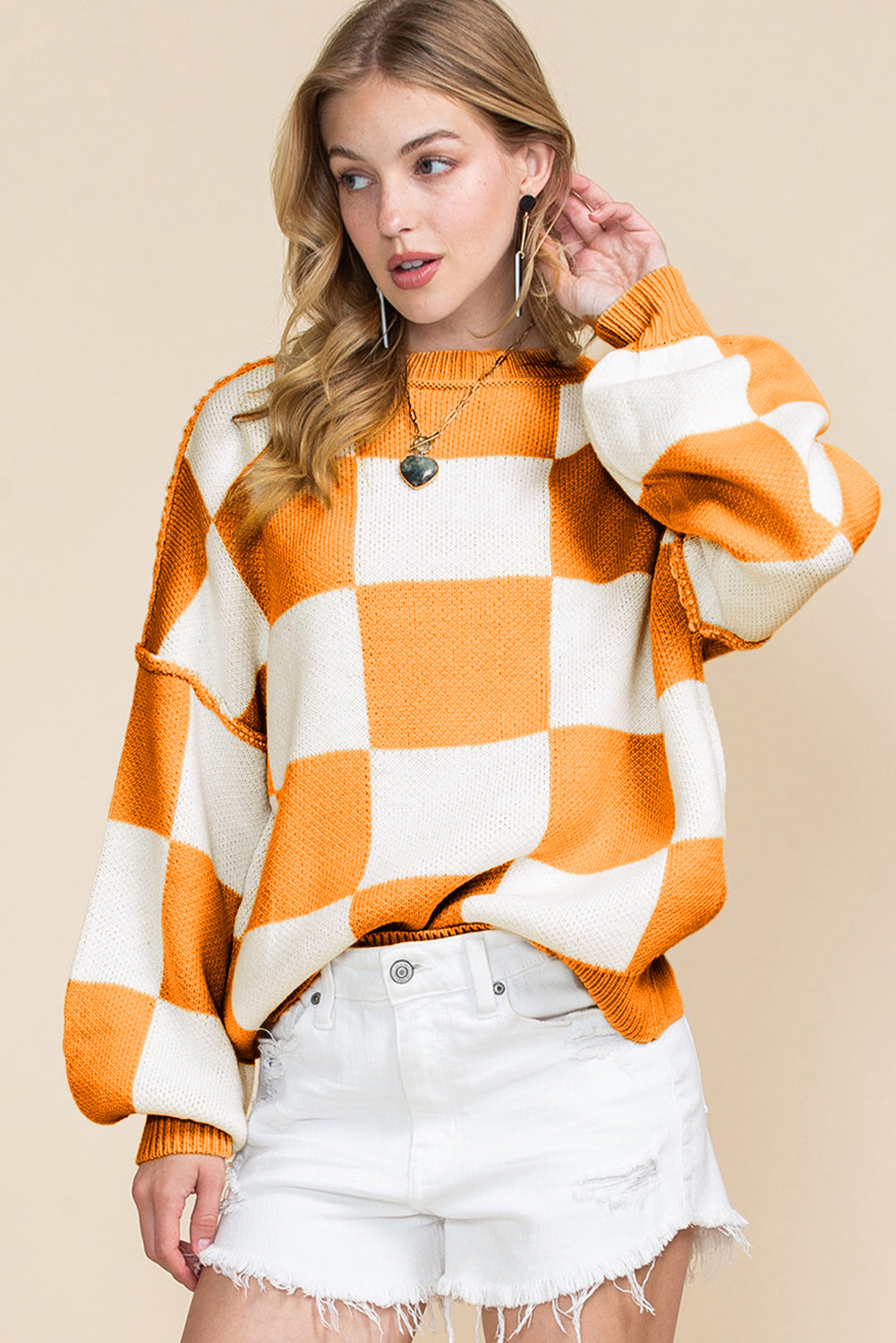 Gray Checkered Bishop Sleeve Pullover Sweater