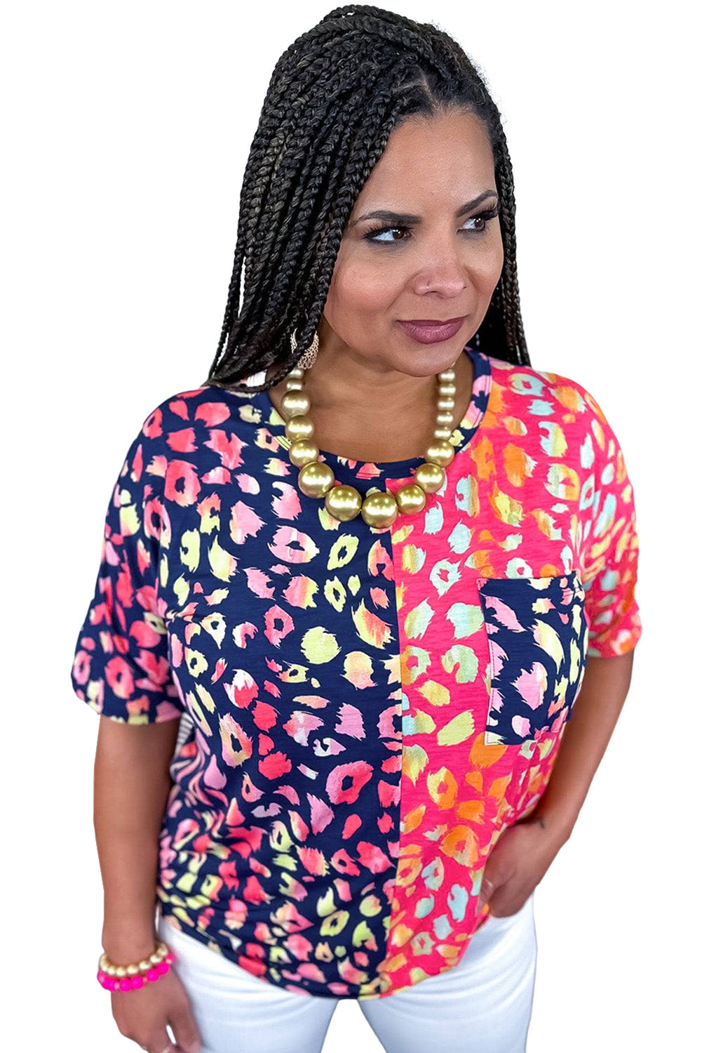 Leopard Colorblock Short Sleeve Plus Size Top